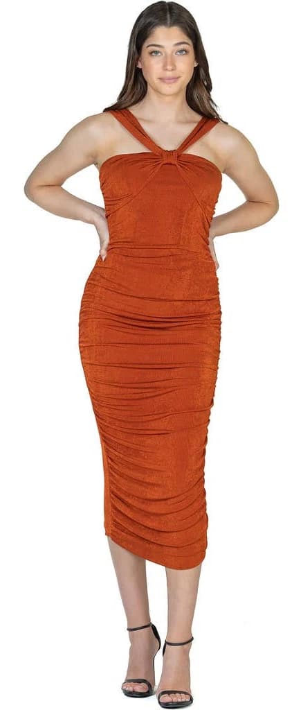 24/7 Comfort Apparel Women's Halter Cross Neck Ruched Bodycon Midi Dress
