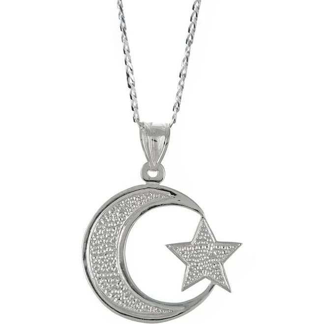 Sterling Silver Muslim Crescent Moon + Star Pendant with Cuban Chain