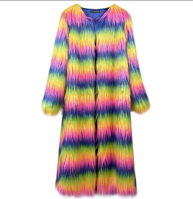 Women Fashion Multicolor Striped Rainbow Faux Fur Jacket Long Coat