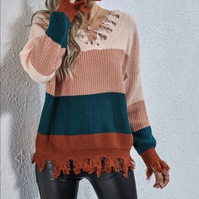 Distressed Color Block Sweater