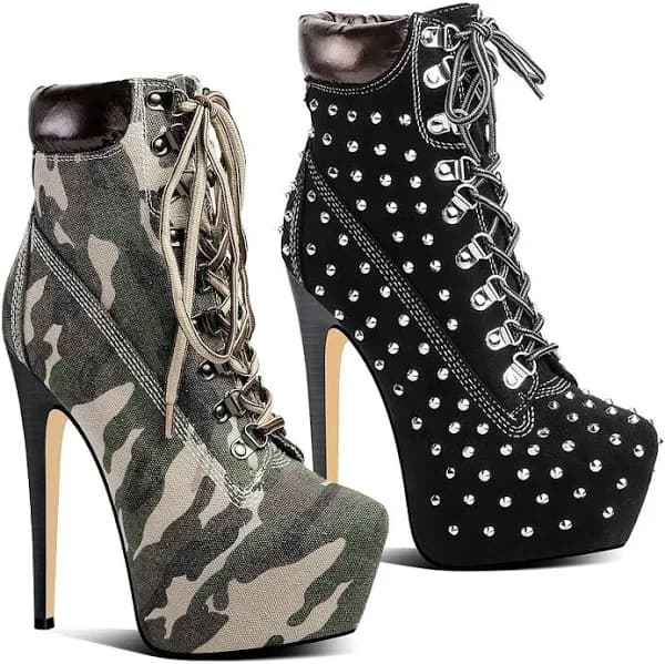 Ferwind Stiletto Heel Studded Lace-Up Platform Booties