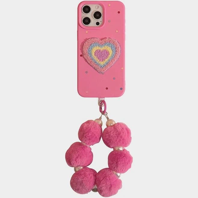 Alilang Heart Patch Phone Case with Plush Beaded Wristlet Charm