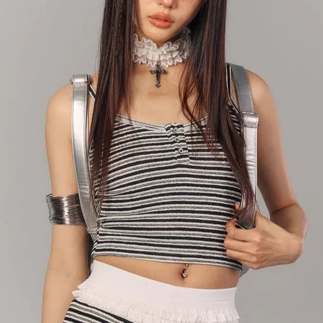 Striped Button-Front Crop Slip Top