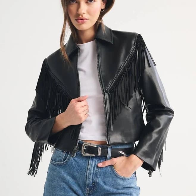 Abercrombie & Fitch Women's Vegan Leather Fringe Jacket