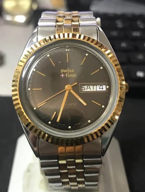 Swiss Time Black Dial President 37mm Fluted Bezel Quartz Men's