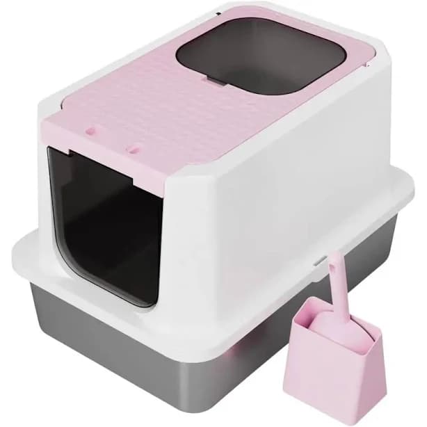 Pink Stainless Steel Odor-Control Litter Box with Top Entry, Teflon Coating, Anti-Leak for Cats of