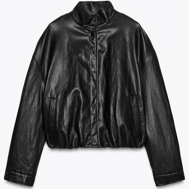 Zara Women's High Collar Faux Leather Bomber Jacket