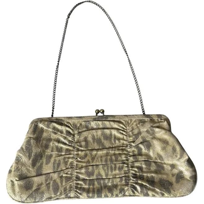 Jessica Mcclintock Bags | Hobo International Vtg. Frame Bag Clutch Chain Kiss Lock Leopard Print Tan Gold | Color: Gold/Tan | Size: Os |