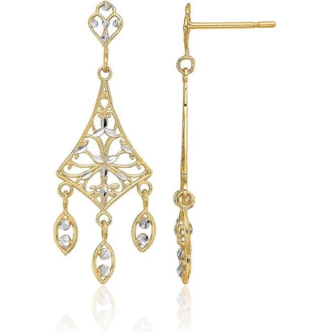 14K Solid Yellow Gold Antique Filigree Chandelier Drop Earrings