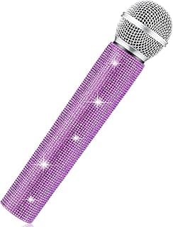 Sanwuta Fake Microphone Prop Sparkly Bling Rhinestones Plastic Play Microphone Pretend Glitter Bedazzled Mic for Cosplay Party Costume(Purple)