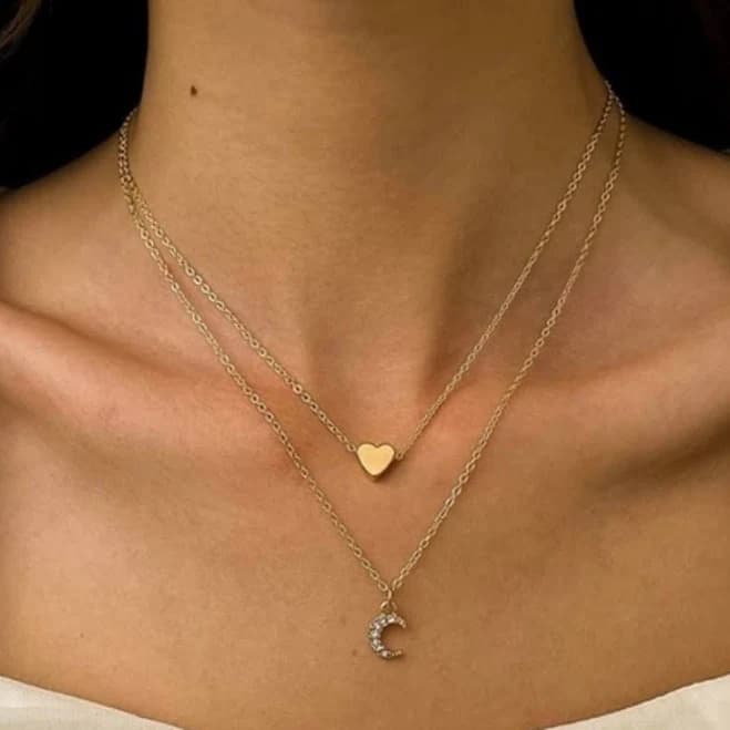14K Gold Plated Heart & Moon CZ Necklace