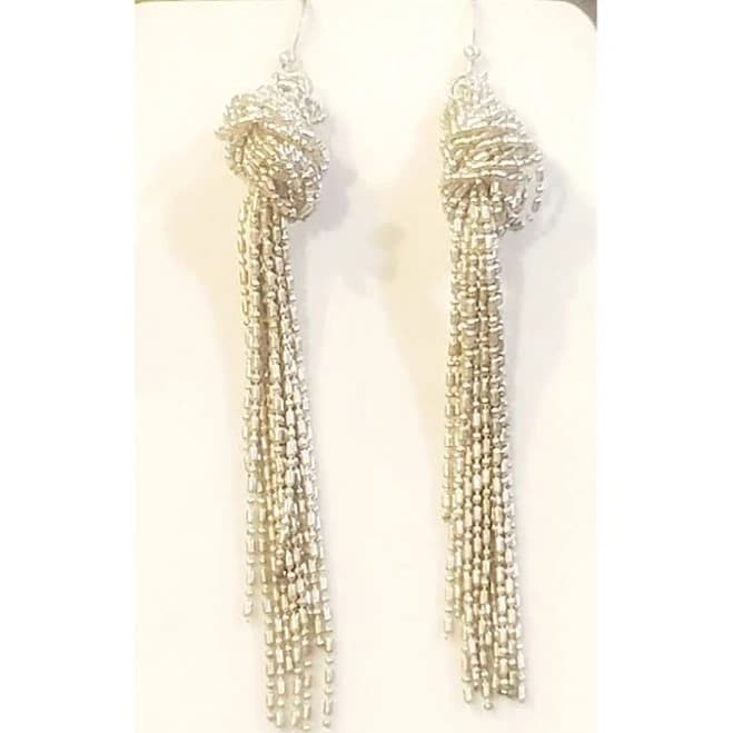 Silver Tone Tassel Earrings Long Chain Fringe Knot Dangle Bold Glam