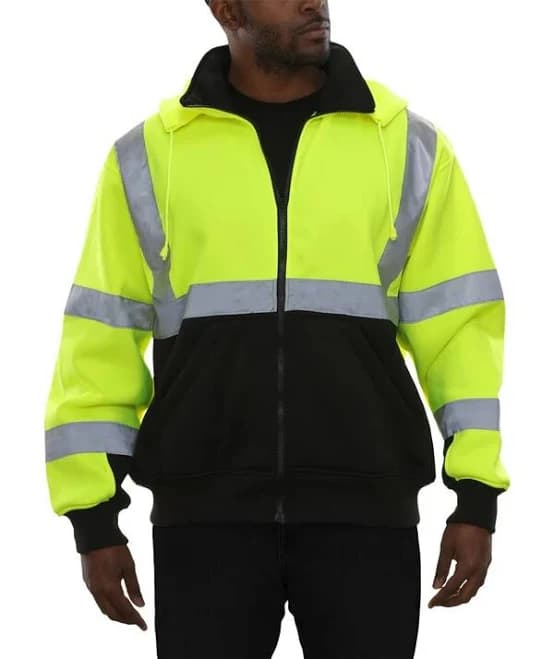 Lime/Black 2-Tone Hooded Sweatshirt Zipper Front Closure w/ Detachable Hood 10.5oz Microfiber Fleece 3M Scotchlite Reflective Materials ANSI Class 3
