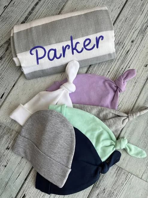 Monogrammed Grey White Stripe Muslin Swaddle Blanket & Beanie Gift Set | Baby Shower Gift | Baby Boy gift | Baby Girl Gift
