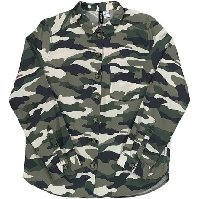 H&m Women’s Green Camouflage Long Sleeve Casual Cotton Button Up Shirt