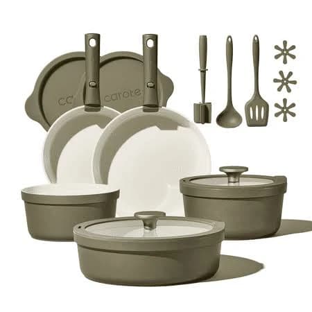 Carote 21 Pcs Ceramic Nonstick Cookware Sets, Pots and Pans with Detachable Handle, Oven Safe, Induction Cookware, Stackable Kitchen Set, Green