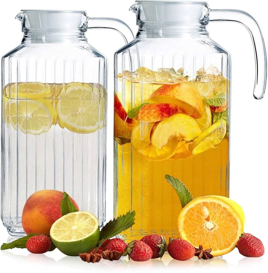 Glass Ware Ribbed Pitcher With Lid And Handle - 2 PACK 60oz Each.- Sleek And Elegant, For Milk, Iced Tea, Juices, Water etc. 1.8 L. (Lid is White) 2pk : Amazon.sg: Home