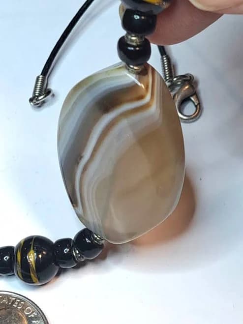 Handmade Agate Stone Oval Pendant On Black Cord Necklace Beautiful