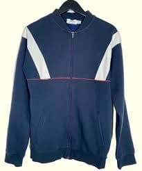 TOPMAN Men's Stripe Track Jacket Blue w/White Stripes, Red Trim, Full Zip Size M