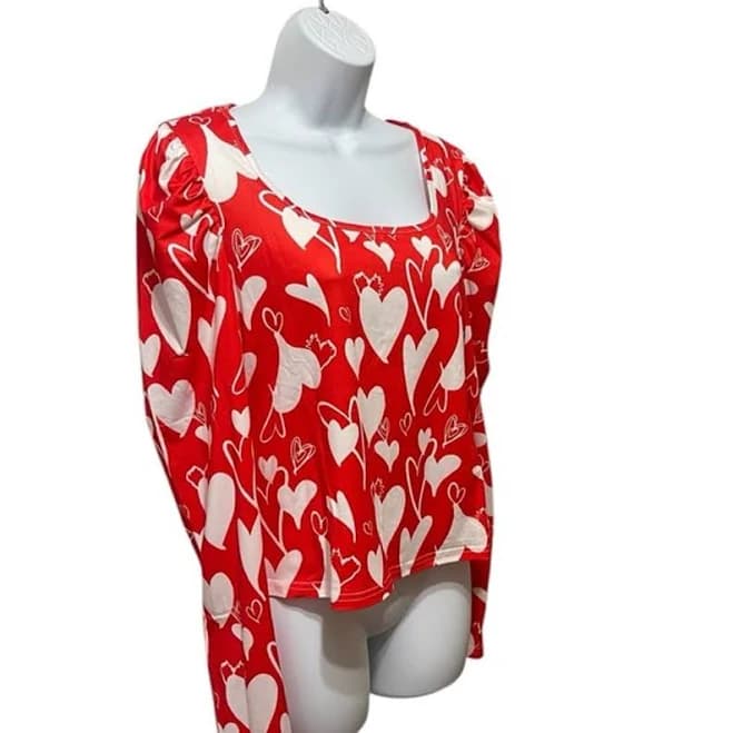 Women's Red White Heart Print Puff Sleeve Top Blouse Sz L NWOT - Home | Size: s