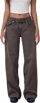 Karwuiio Baggy Jeans for Woman Y2k Wide Leg Low Rise Denim Jeans Casual Straight Leg Loose Jeans Trousers (Dark Brown, XS) at Amazon Women's Jeans store