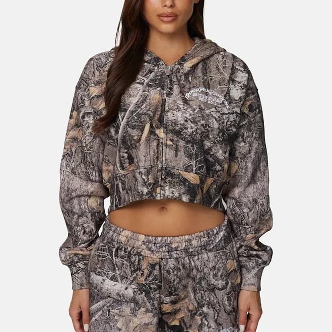 Woodland Camo Crop Zip Hoodie