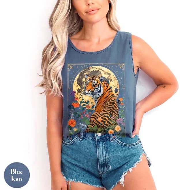 Vintage Comfort Colors Boho Celestial Floral Tiger Moon Cotton Tank Top