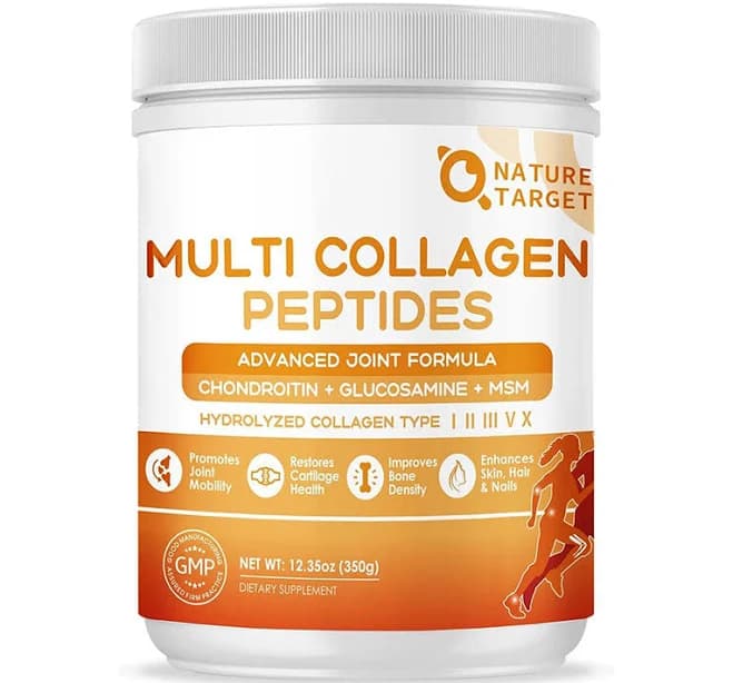 NATURE TARGET Multi-Collagen Peptides Powder for Women Men with MSM & GC. Types I,II,III,V,X for joint