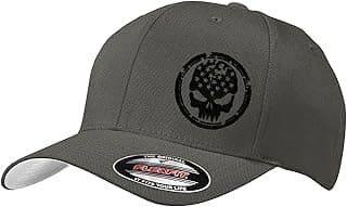 American Flag Distressed Skull Shield Logo Embroidered 6277 Flex Fitted Baseball Hat