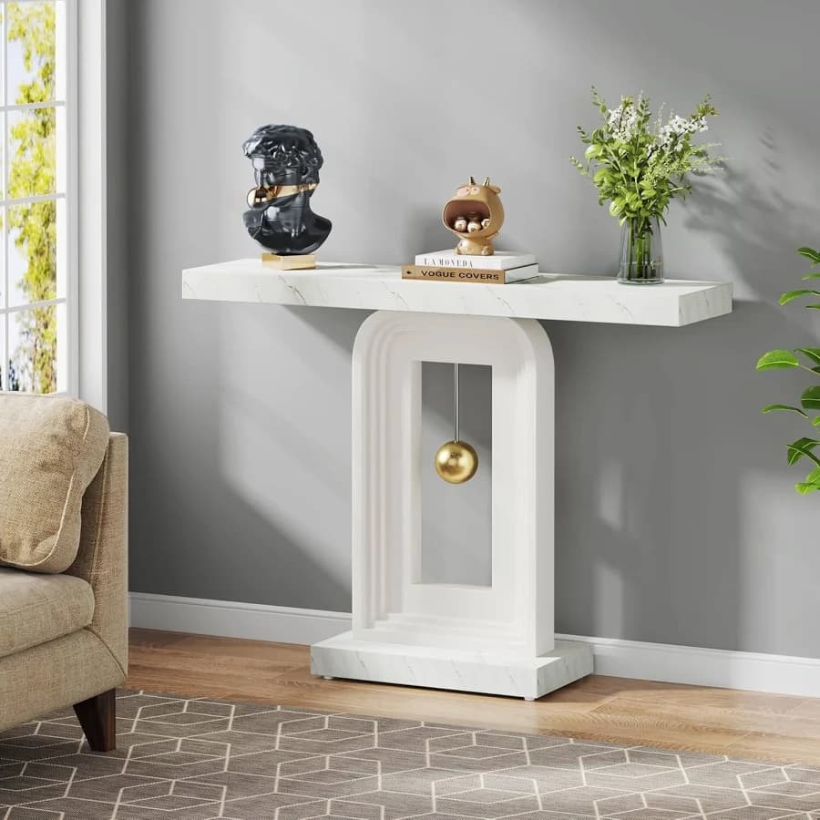 Jiallo 40 in. Faux Modern Console Table Narrow Entryway Sofa Table with Geometric Gold Base for Hallway