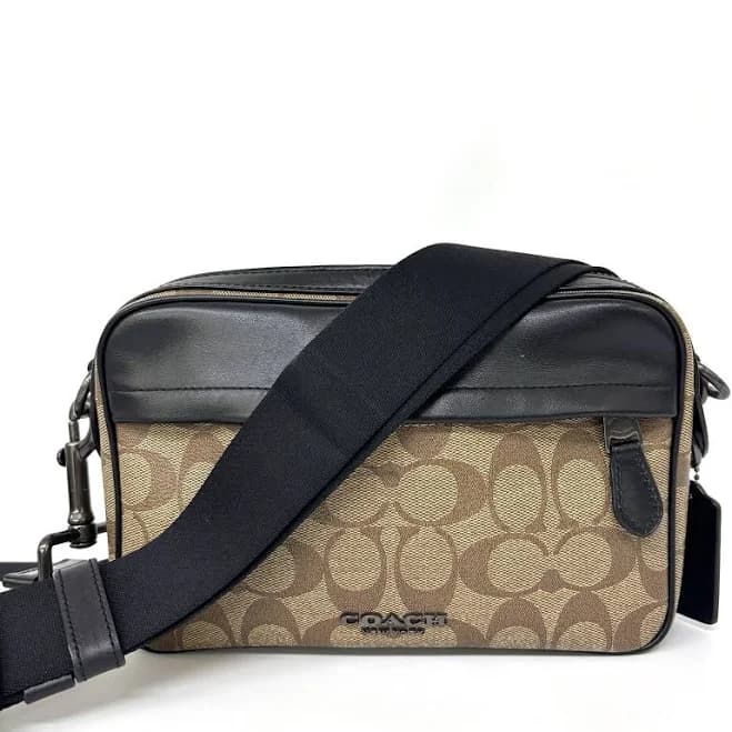 Coach Signature Canvas Crossbody Bag Khaki Brown Black Leather Trim