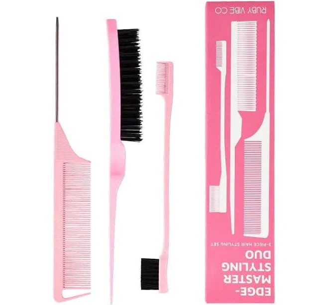 Pink Hair Styling Tool Set, Edge Control Brush and Comb (3-Piece)