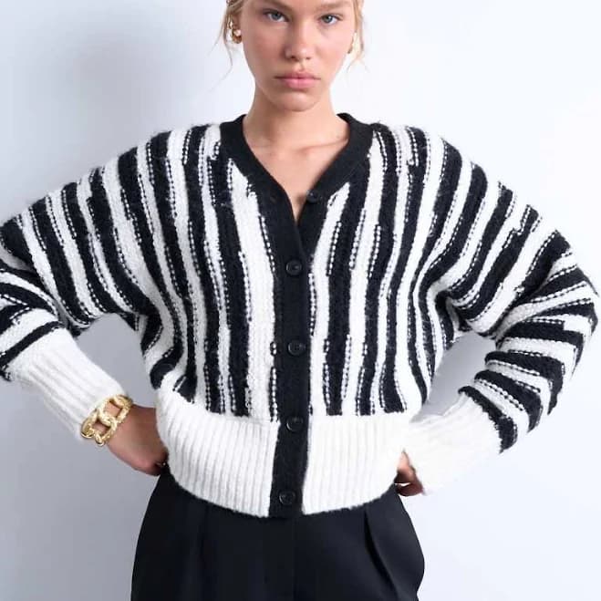 Topshop knit vertical stripes cardigan in black and white-Multi