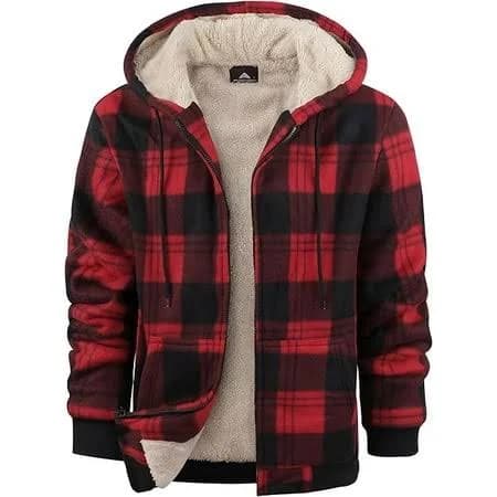 Speedrun Men's Hoodies for Men's Plaid Flannel Jacket Warm Sherpa Fleece Lined Coat Winter Full Zip Up Sweatshirt