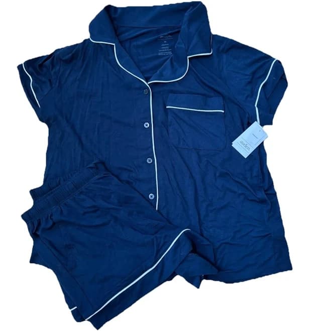 Auden Women's Navy Blue Cloud Knit Notch Collar Pajama Set XS