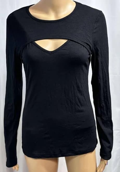 Womens Long Sleeve Tops Mock Neck Cutout Front Ribbed Fitted, Black,