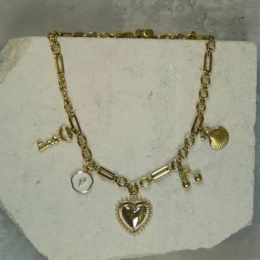 Vintage Heart, Key, Shell Charm Necklace