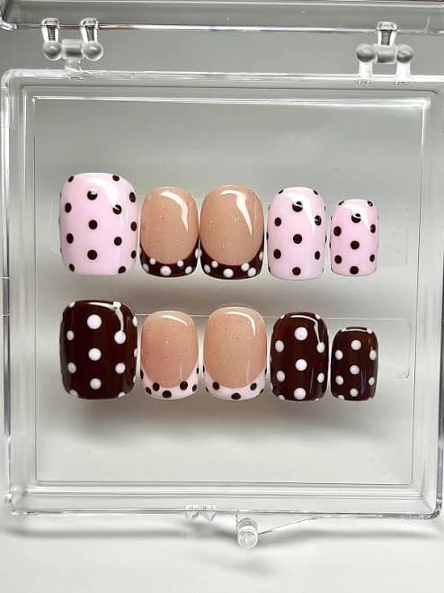 Brown and Pink Polka Dot Press-On Nails: Short Square French Tip