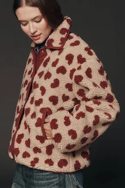 Heart-Print Sherpa Fleece Jacket by Maeve in Beige, Size: XS at Anthropologie