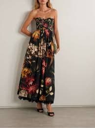 AGUA BY AGUA BENDITA Tonia Paramo strapless lace-trimmed embellished floral-print cotton-poplin midi dress | NET-A-PORTER