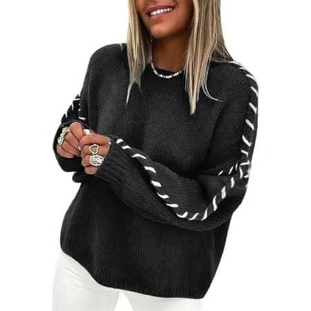 Females Oversized Sweaters Contrast Stitching Crewneck Sweater Cable Knit Pullover Jumper Pullovers Black XL, Women's