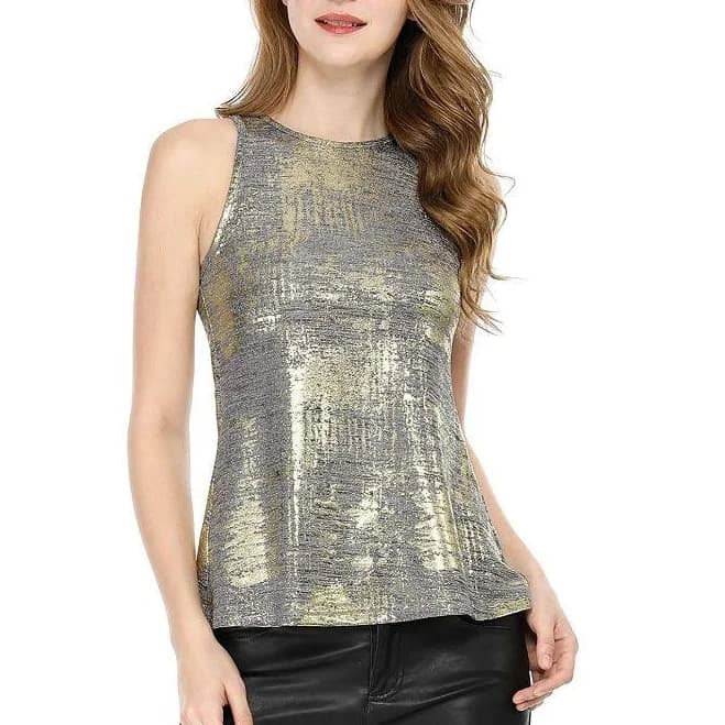 allegra k Shiny Sleeveless Camisole Club Shimmer Metallic Tank Top