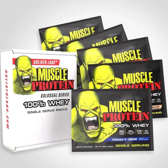 Colossal Labs Muscle Whey Protein Powder Travel Single Serving Packs 25g Protein 6.6g BCAAs Sugar-Free for Muscle Building & Recovery Five Delicious