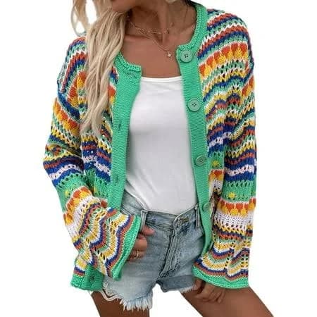 Women's Long Sleeve Striped Knitted Cardigan Sweater