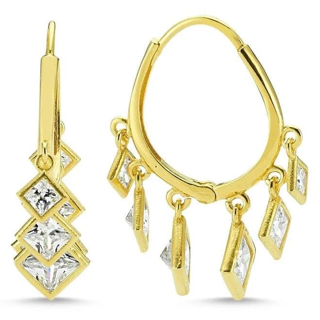 Amorium Dainty Silver Dangle Hoop Earrings with Square Crystals