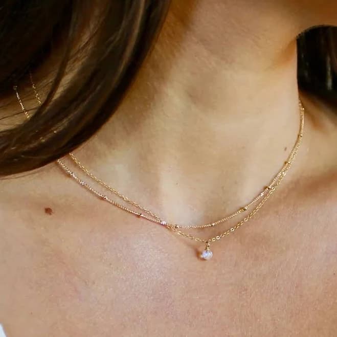 Dual Chain Necklace with Moonstone in Solid 14k Gold