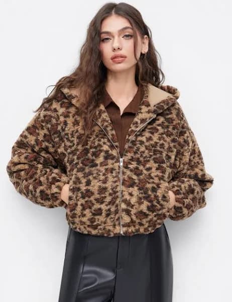 Fleece Leopard Print Hooded Zip Through Cropped Jacket