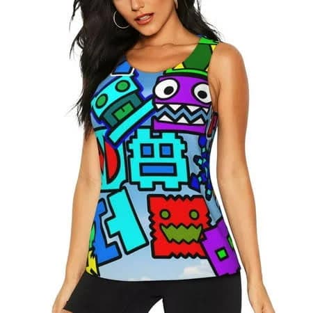 Sleeveless Geometry Dash Print Tank Tops