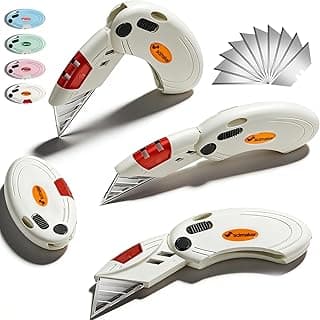 4 Pack Folding Utility Knife with 10 Extra Blades,Box Cutters with Button Lock Mechanism,Razor Knife for Home,Office and Warehouse,White.
