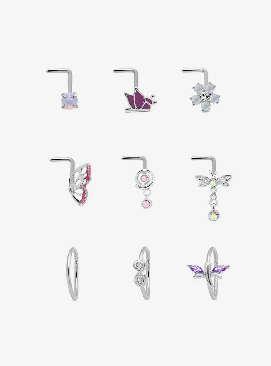 Steel Bow Heart Nose Stud & Hoop 9 Pack